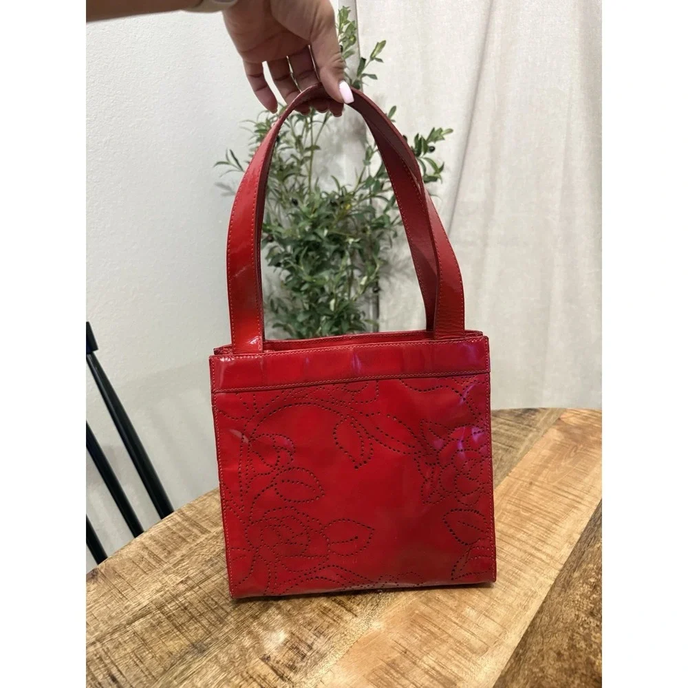 Authentic CHANEL Small Red Patent Leather Camellia Perforated Tote